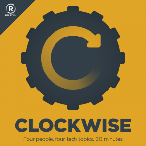 Clockwise Podcast Cover - a grey gear with an arrow inside it moving in a clockwise circular movement on a yellow background